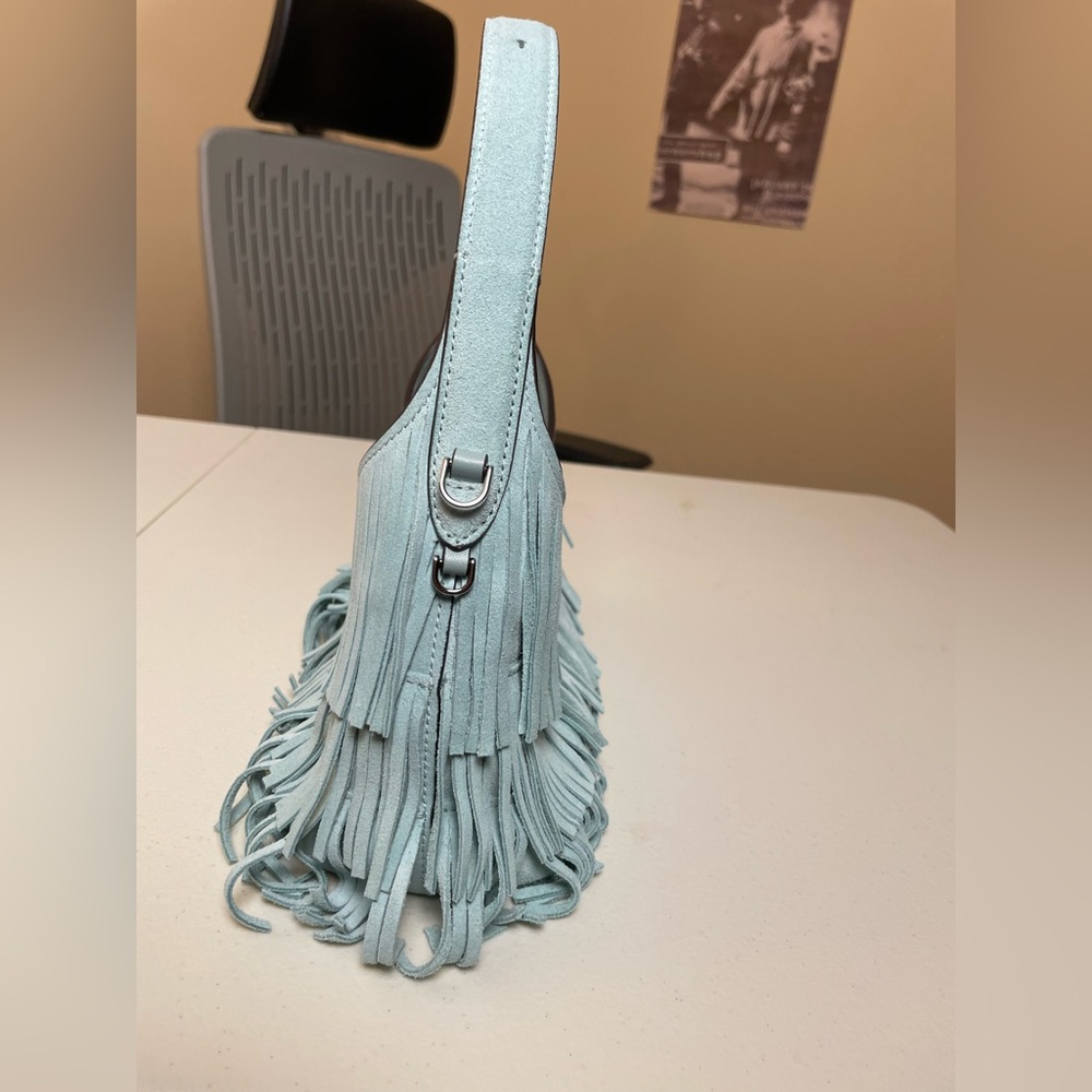 Kate Spade mini 454 Suede Blue Fringe crossbody tote bag - Picture 3 of 16